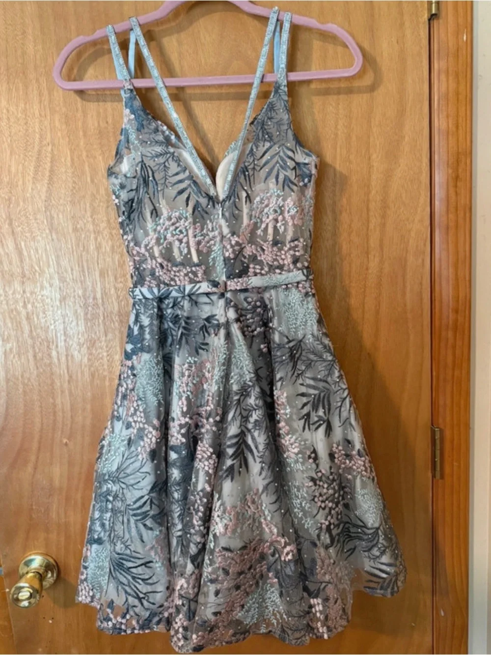 Floral Lace Fit-and-Flare Mini Dress in Dusty Blue and Blush